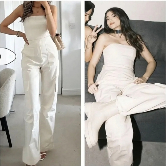 NWT Zara Strapless Utility Cargo Jumpsuit Wide White Long - Picture 4 of 16